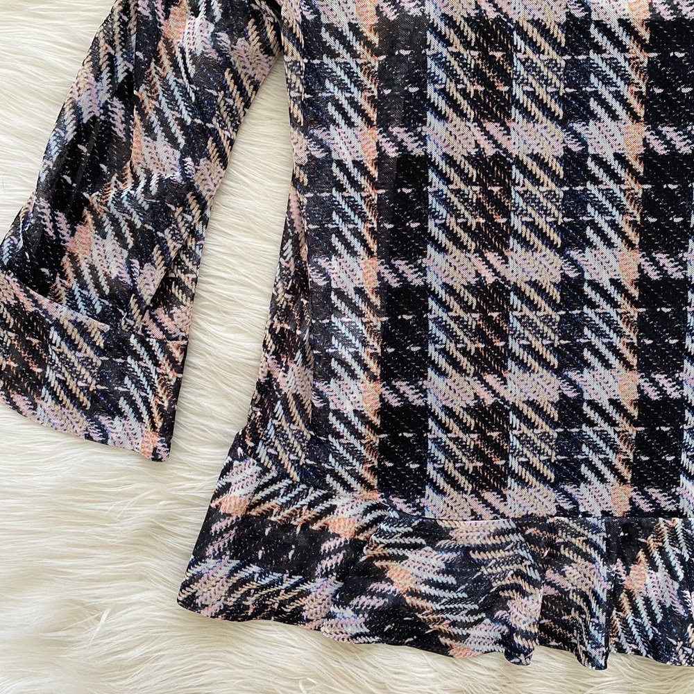 Eva Franco Anthropologie Black Pink Plaid Mesh Cut Out Sleeve Belinda Top Shirt - Picture 11 of 12